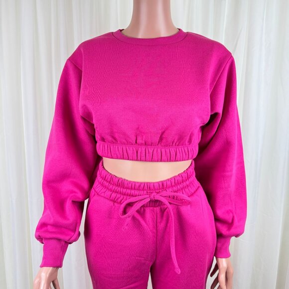 Zenana 2 Pcs Crop Sweatshirt Tracksuit High Waist Jogger Set Active Hot Pink - Picture 6 of 12